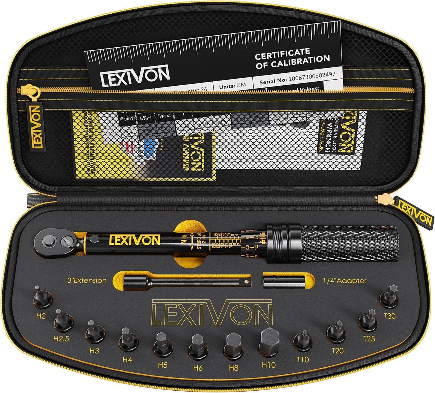 LEXIVON Llave Dinamométrica Bicicleta - Coche - Moto 1/4'' |   2~26 Nm, Juego de 15 Piezas de Puntas Hexagonales y Torx, Kit Profe