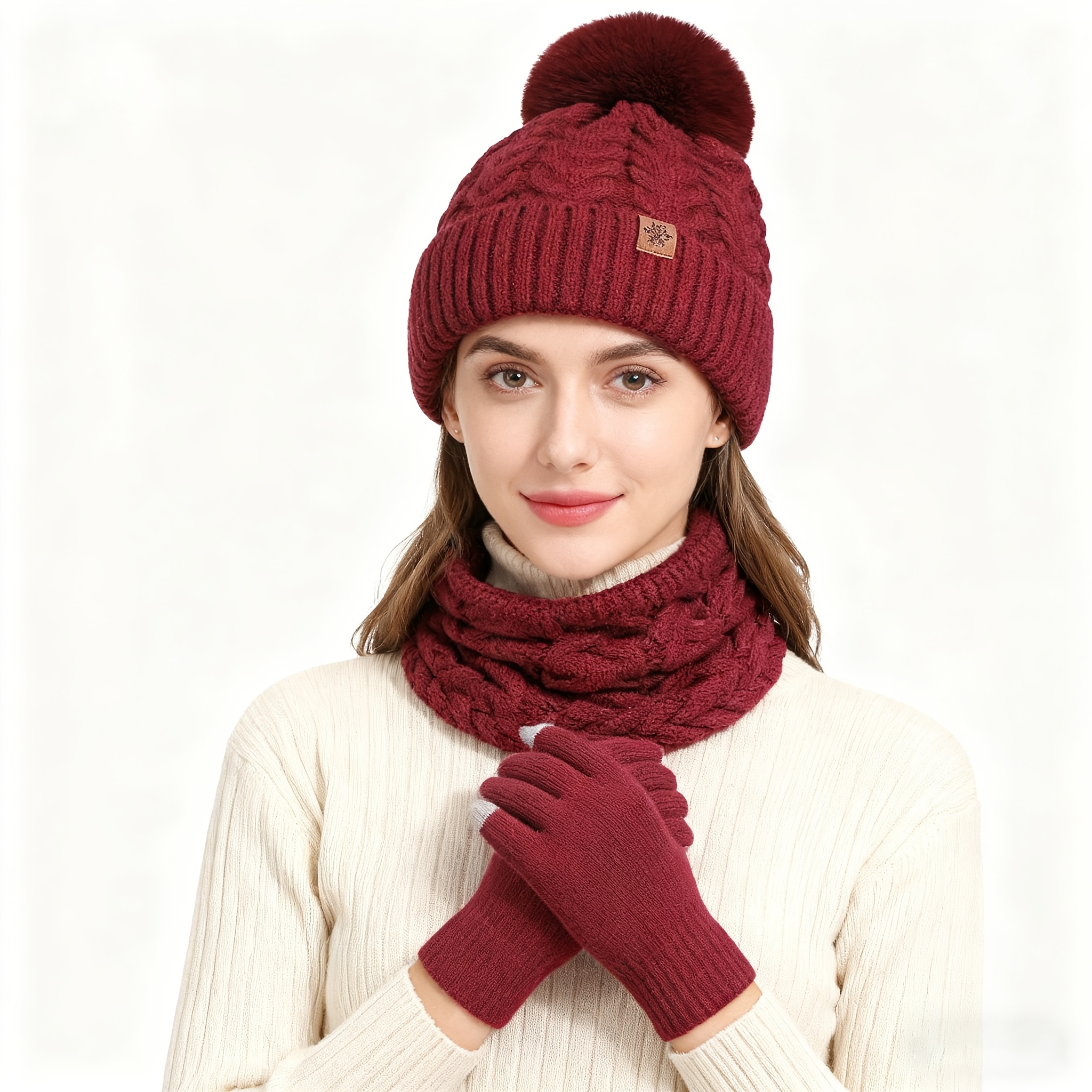 Conjunto de invierno de 3 piezas: gorro de punto, guantes con pantalla táctil y bufanda de collar convertible, gorro de invierno, bufanda y guantes