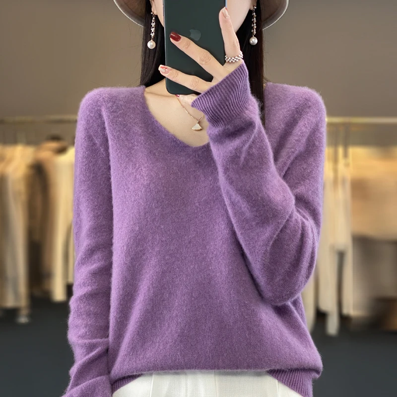 100% suéter de cachemira de lana pura para mujer, jersey con cuello en V, top de punto informal, abrigo para mujer de otoño e invierno, moda coreana