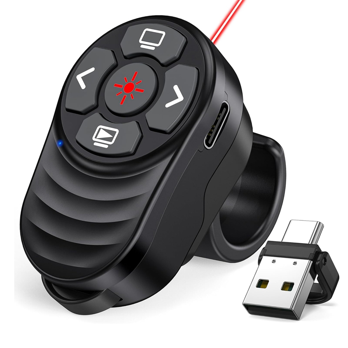 Clicker de apresentação sem fio recarregável usb tipo c aa91, apresentação de anel de dedo powerpoint clicker com ponteiro de luz