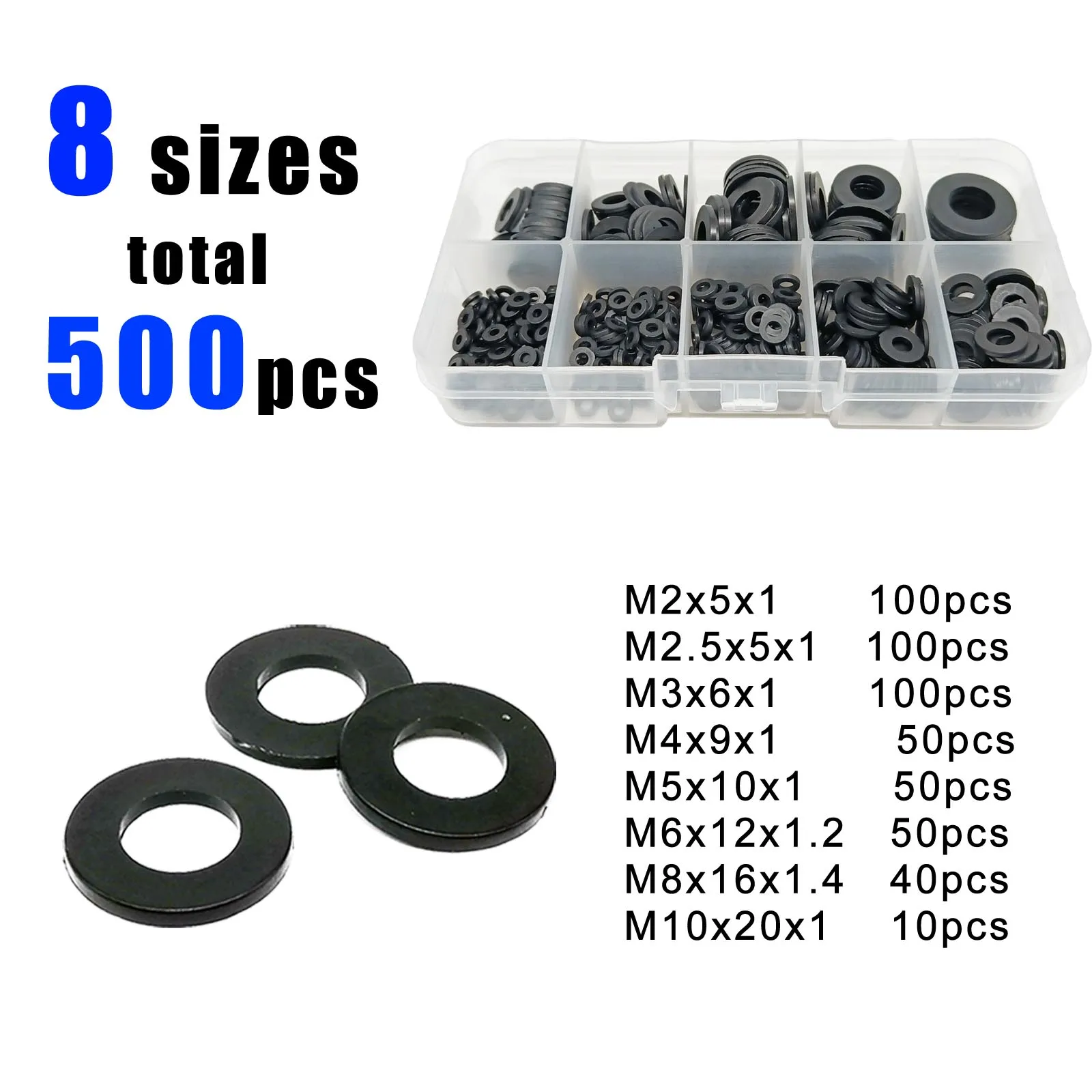 1150/700/500 Stück Kunststoff Nylon flache Unterlegscheibe Plain Spacer Isolierung Dichtungsring Mix M2 M2,5 M3 M4 M5 M6 M8 Sortiment Kit Set Box
