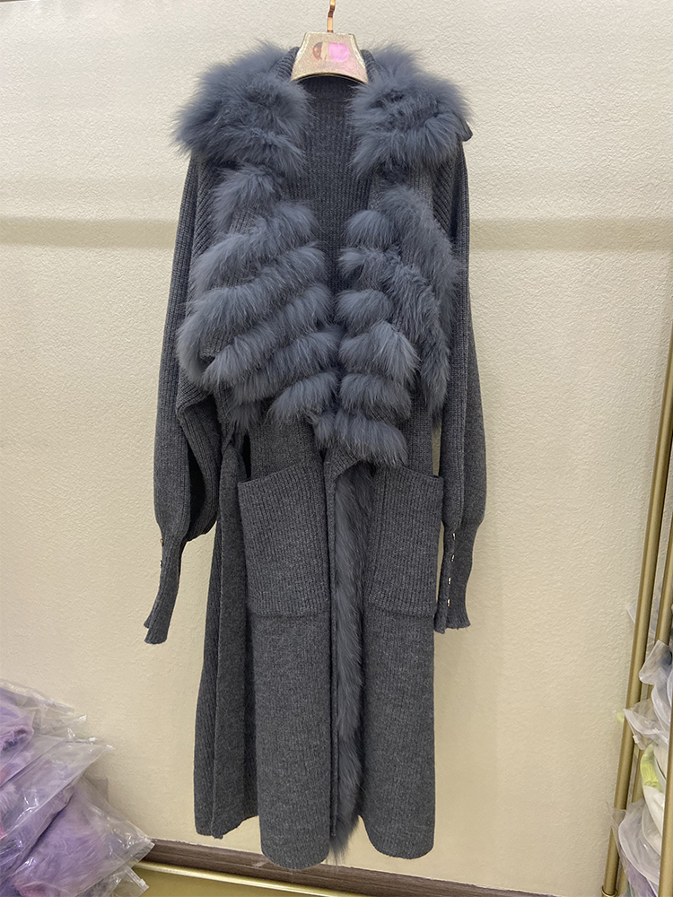 2022 Phụ Nữ Mùa Thu Thực Cáo Lông Đan OverSize Rời Áo Len Áo Khoác Cáo Cổ Lông Nữ Thời Trang Dài Áo Len Dài 110Cm