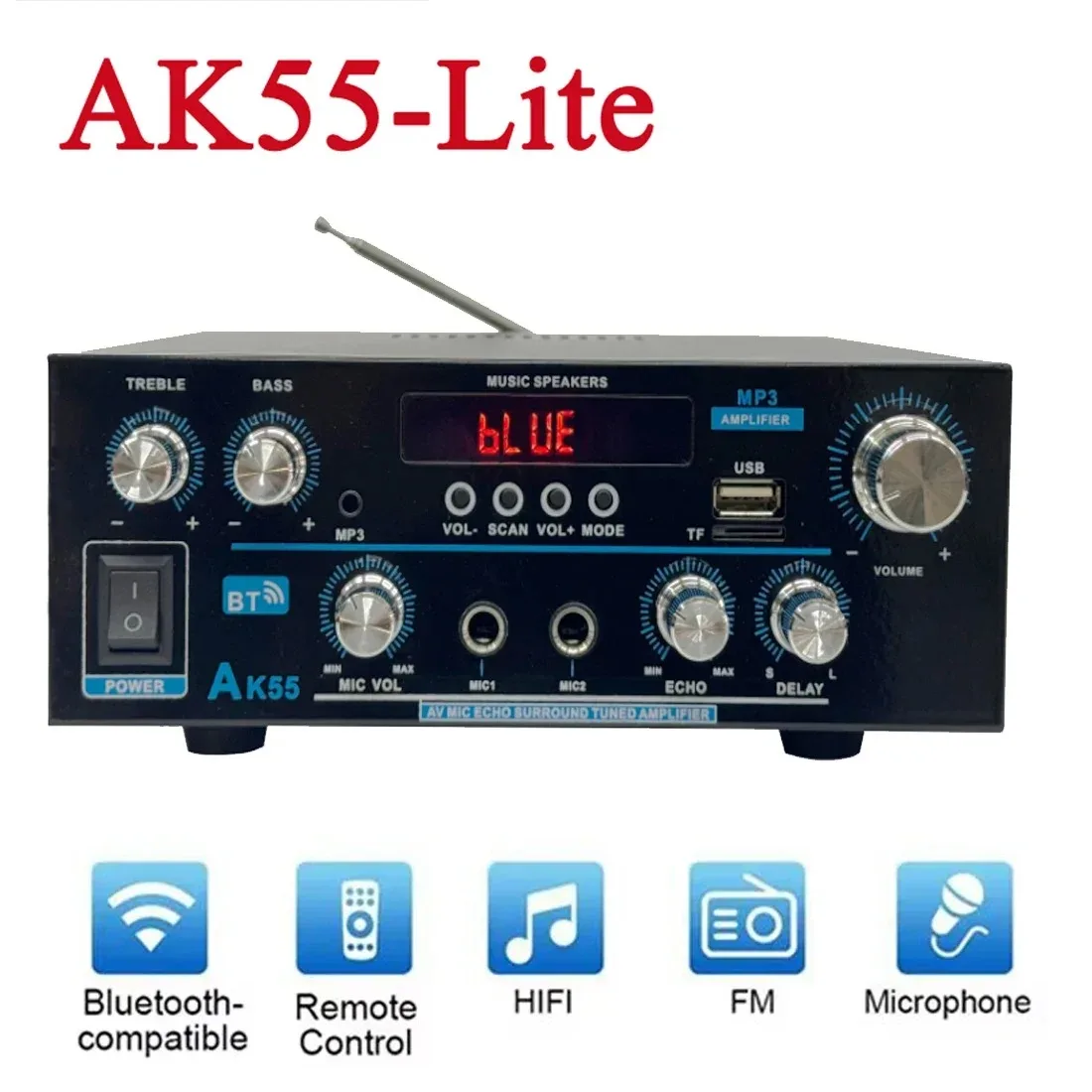 AK55 Bluetooth-versterker met microfoonondersteuning – verstelbare bas, hoge tonen, reverb en vertraging – Bluetooth, USB, SD en FM-radio