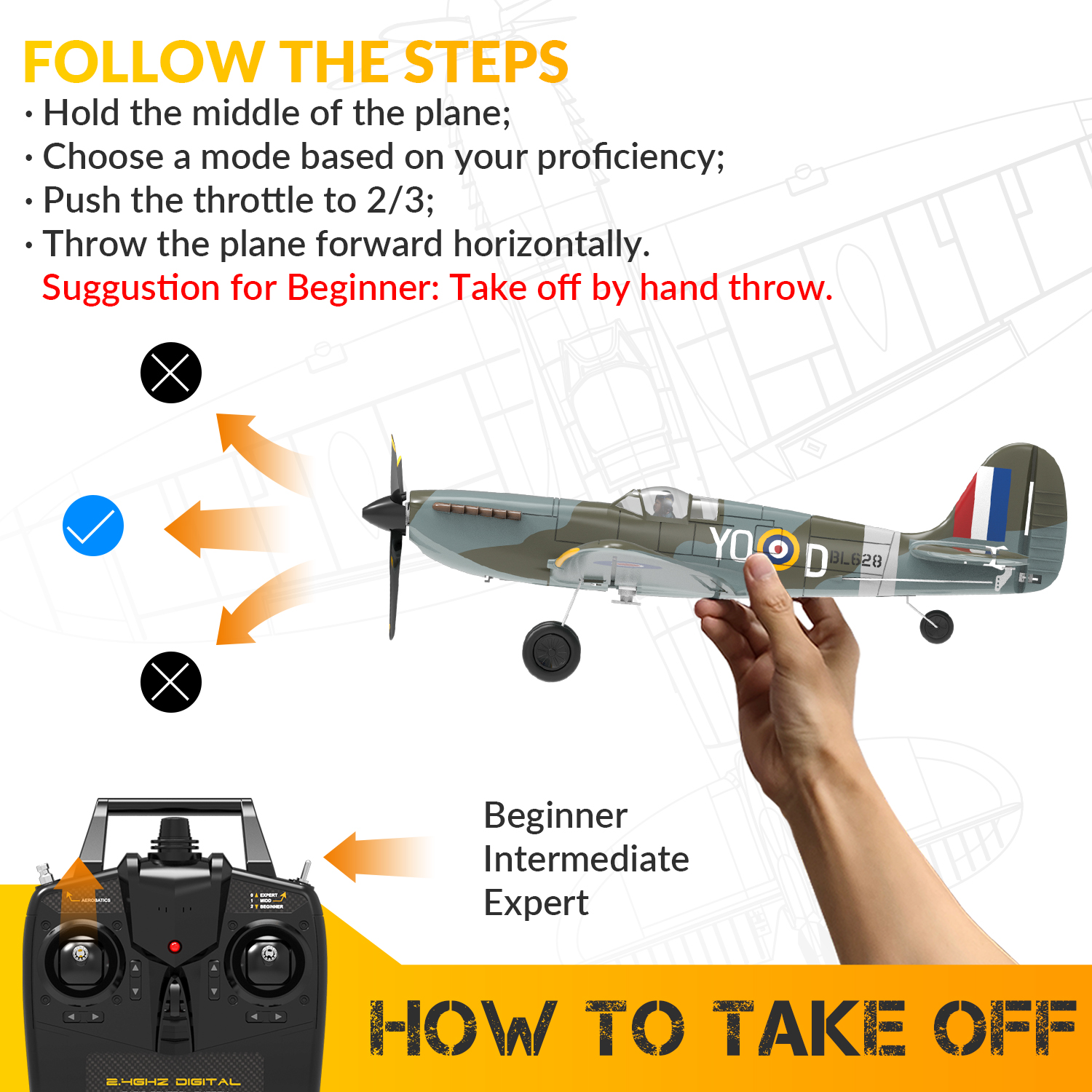 Volantex Neues Spitfire RC-Flugzeug EPP 400 mm Spannweite RC-Kämpfer One Key Kunstflug 2,4 G 4CH RTF Warbird-Flugzeug