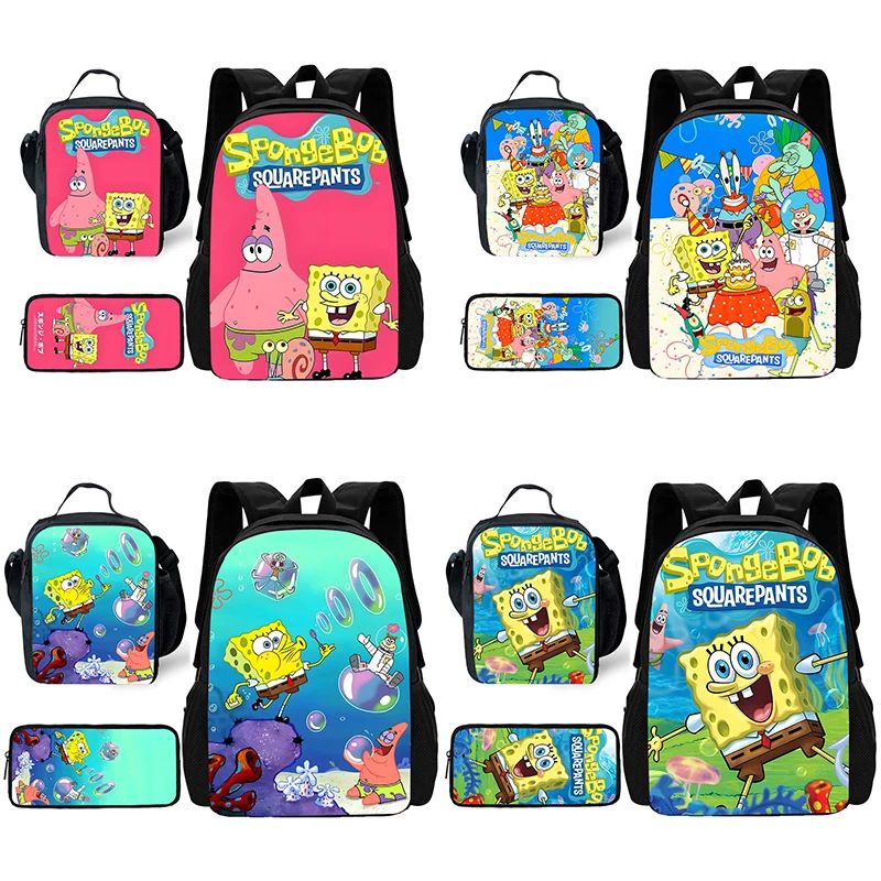 Mochila escolar infantil fofa de anime SpongeBobs com bolsas de almoço, bolsas de lápis, bolsas escolares para meninos e meninas, melhor presente