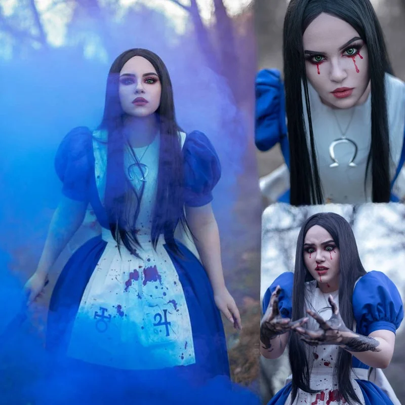 อะนิเมะชุดเจ้าหญิงอลิซชุดแม่บ้านเกม Madness Returns Alice คอสเพลย์เครื่องแต่งกายสําหรับหญิงสาวปาร์ตี้ฮาโลวีน