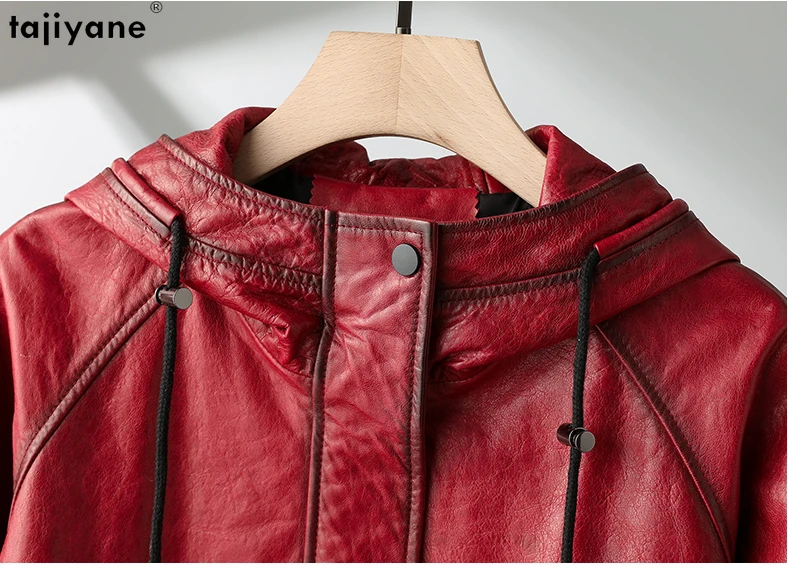 Tajiyane-jaqueta de pele de carneiro comprimento médio para mulheres, couro 100% real, moda vintage, outono e inverno