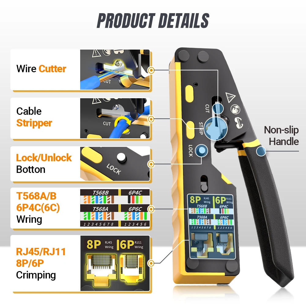 AMPCOM RJ45 ネットワーク クリンパ パススルー多機能イーサネット圧着ペンチ LANTEL 用圧着/カット/ストリップ (RJ11/CAT5E/6 UTP STP)