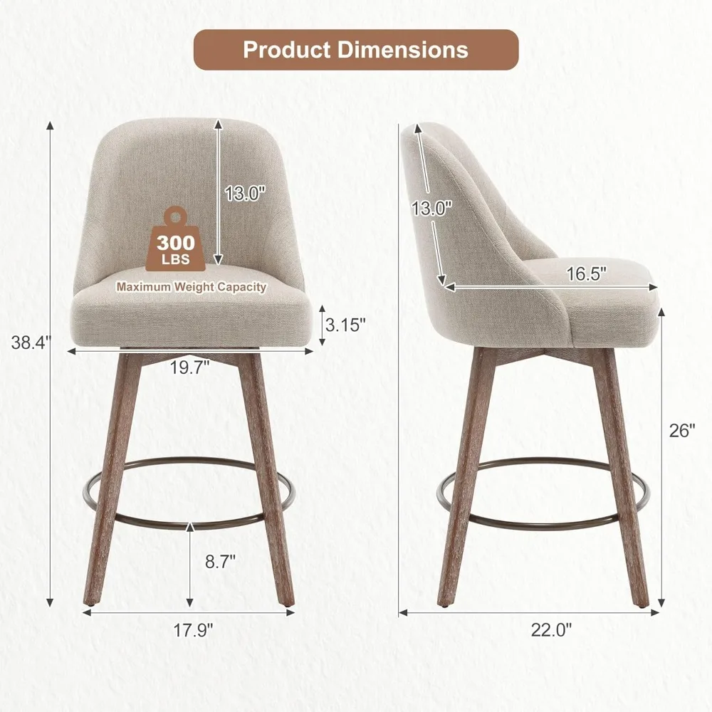Counter Height Swivel Bar Stools Set of 3, Upholstered Fabric Barstools with Back and Thick Seat, Solid Wood Legs, 26" Modern