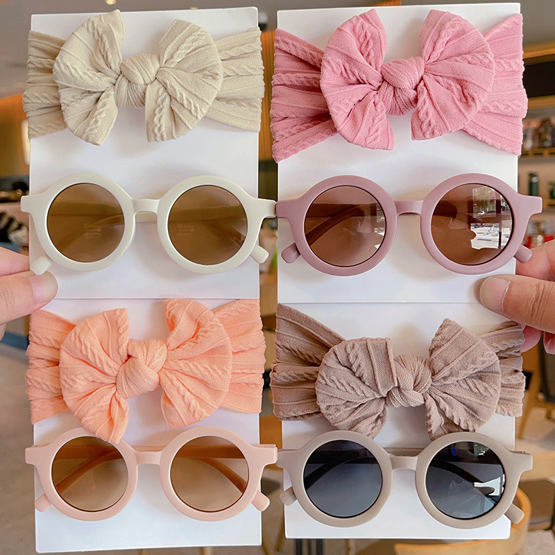 2 Teile/satz Neue Kinder Einfarbig Baumwolle Bowknot Breites Haarband Runde Sonnenbrille Set Baby Mädchen Sonnenbrille Kinder Haar Zubehör