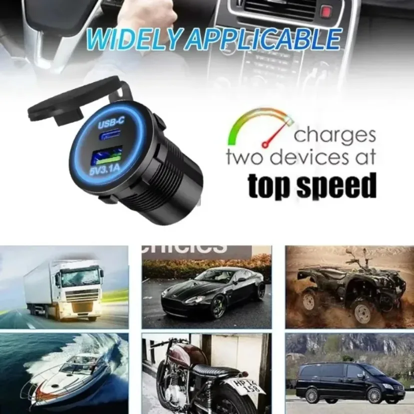 Universele autolader snel opladen motorfiets auto sigarettenaansteker LED-licht USB TYPE-C oplader stopcontact voor auto vrachtwagen