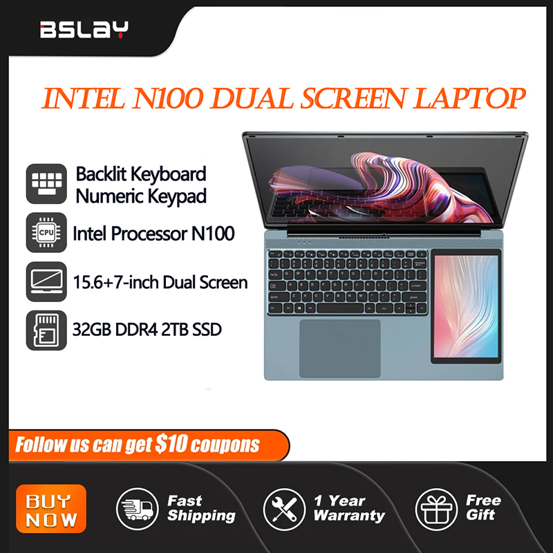 Podwójny ekran laptopa Intel N100 Podświetlana klawiatura 32 GB RAM 2 TB SSD Odblokowanie odcisków palców 180° Składana kamera HD Biznesowy komputer DDR4