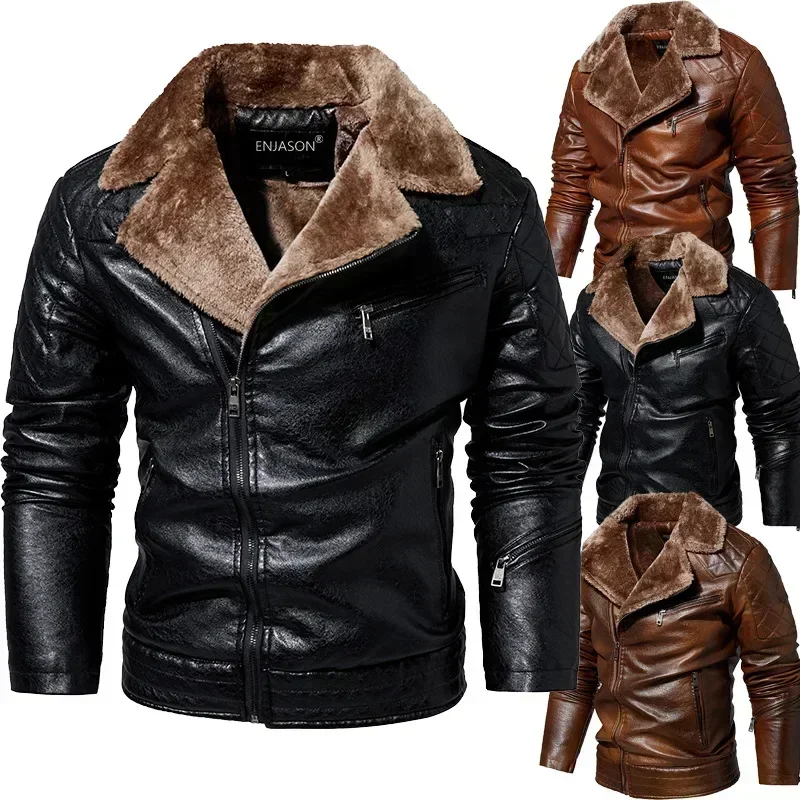 Chaqueta de cuero cálida a la moda para hombre con cuello de piel, abrigo de lana grueso para motocicleta, chaqueta locomotora informal de piel sintética