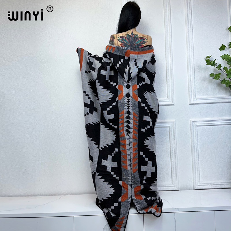 WINYI, nuevos trajes de abrigo de invierno para mujer, vestido de alta calidad, caftán holgado y grueso y cálido para mujer, vestido poncho con capucha, abrigo de fregona, Abaya de moda