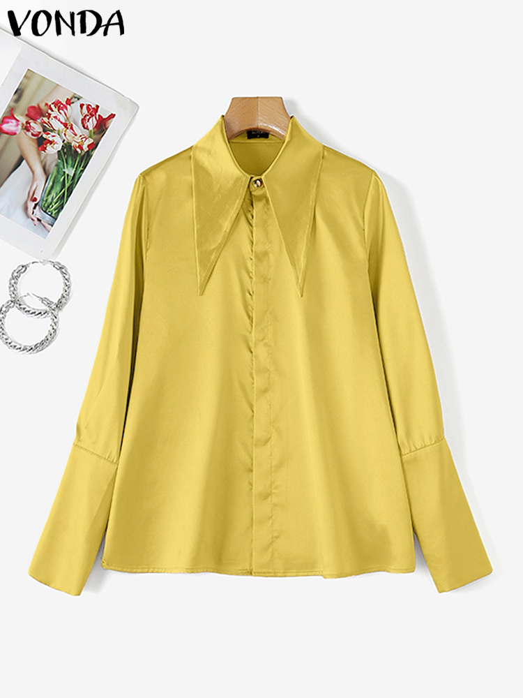 Plus Größe VONDA Dame Büro Shirts Frauen Revers Kragen Bluse 2024 Mode Kausalen Einfarbig Langarm Elegante Tops Femininas