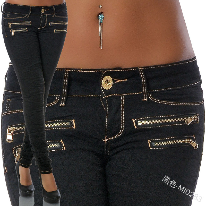 Neue Mode Mid Rise Jeans Reißverschluss Frauen Slim Fit Plissee Kleine Fuß Bleistift Hosen für Frauen