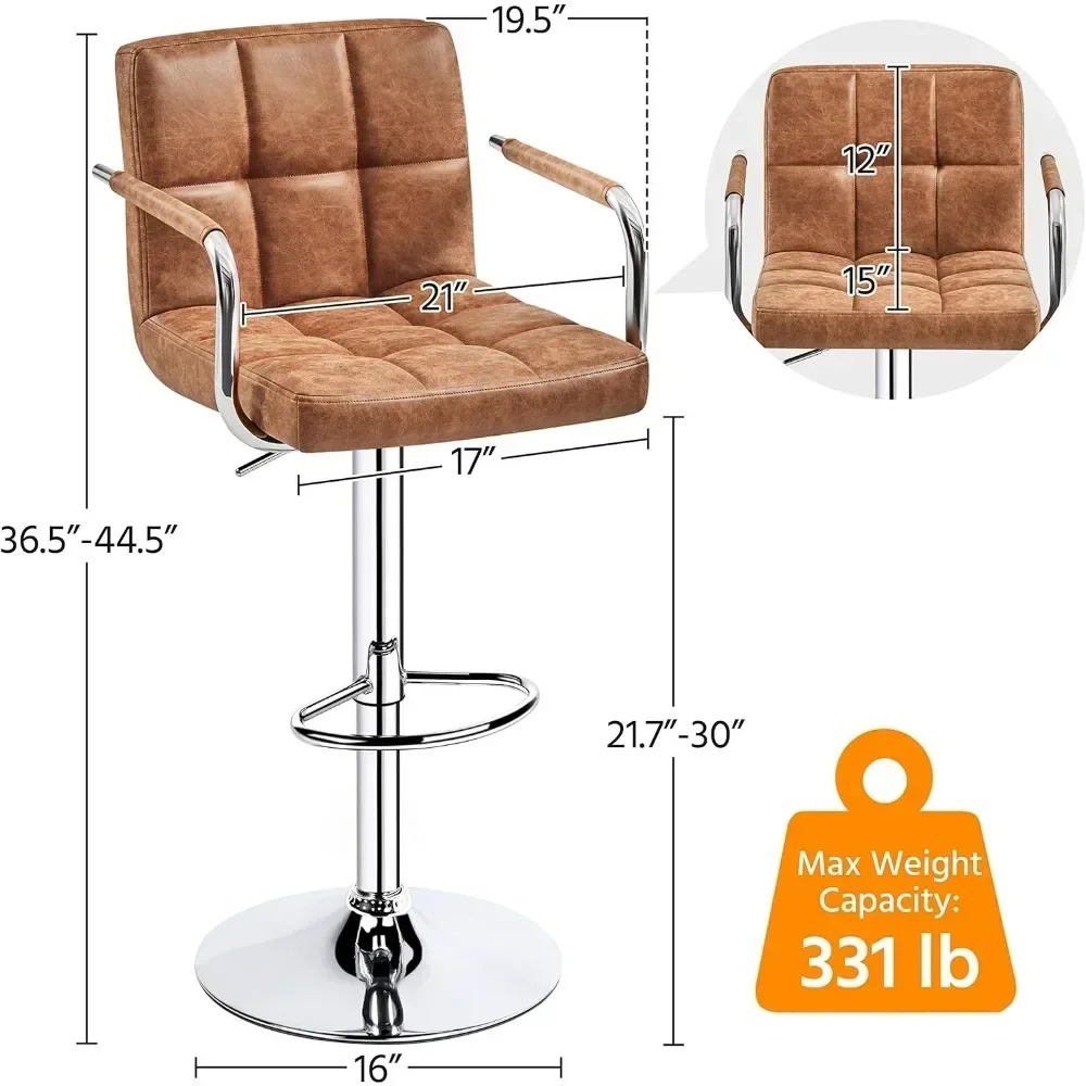 PU Leather Barstool Set of 2 Adjustable Seat Height Counter Height Stools with Back and Arms 360° Swivel Stool Stylish