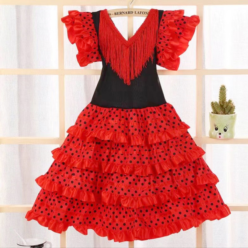 Kleid Frauen 2024 Europa Amerika Kurzarm Midi Kleid Traditionelle Spanische Tanz Kleid Für Mädchen Festival Quaste Dot Kleid