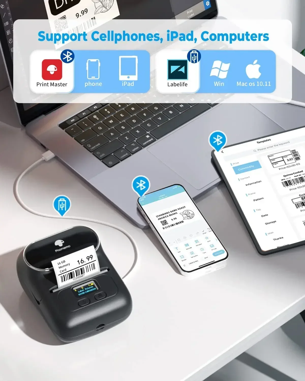 Phomemo M110 Tragbarer Mini-Drucker, Thermo-Etikettendrucker, Aufkleber, Taschenetikettiermaschine, ähnlich wie Niimbot B21 B1 50 mm