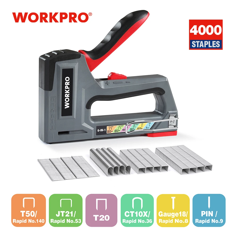 WORKPRO Pistola grapadora de alta resistencia 6 en 1 para material de fijación Pistola de clavos manual con dos opciones de alimentación para decoración del hogar DIY
