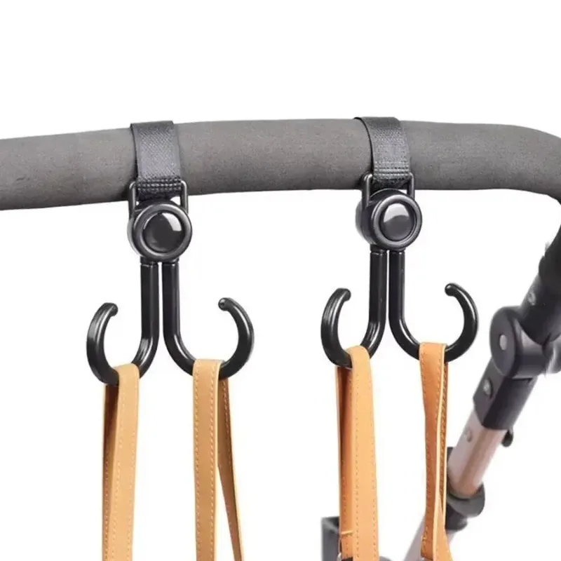 Gancho duplo com suporte de carga, resistente e durável, rotação de 360 graus, fixadores de gancho e laço ajustáveis, acessórios para carrinho de bebê