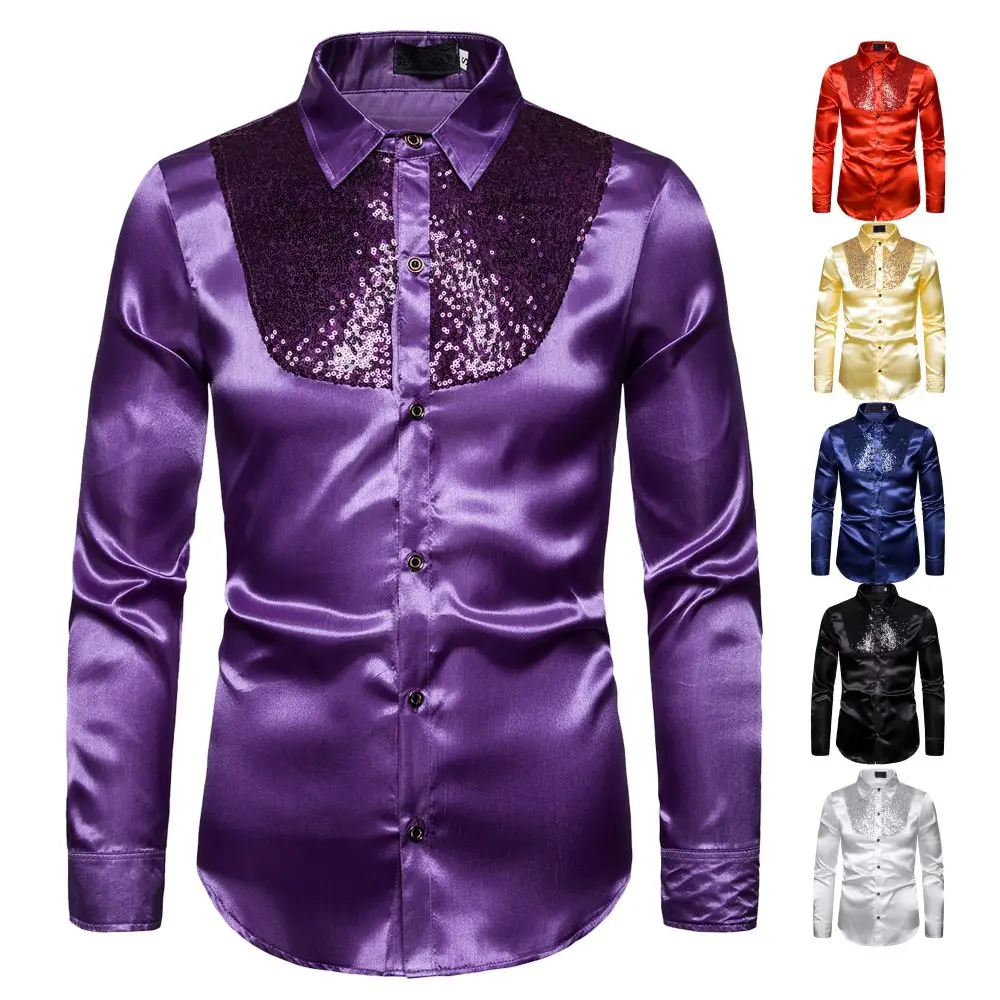ชายเสื้อ Glitter Sequins ผู้ชายแฟชั่นเซ็กซี่เสื้อลําลองเทศกาลจัดเลี้ยง STAGE Performance งานแต่งงานโฮสต์พรหมผู้ชาย