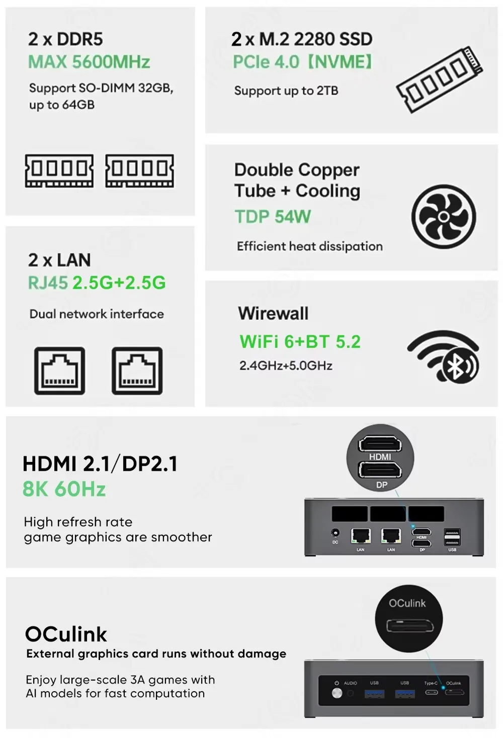 New Version Mini PC Oculink AMD Ryzen AI 9 HX 370 365 7 PRO 360 USB4.0 2xDDR5 2xPCIe4 Desktop Gaming Computer Windows 11 WiFi6