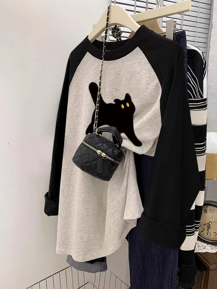 オーバーサイズレイジースタイル長袖レディース Tシャツピュアコットンベースシャツカラーブロックデザインカジュアルルーズフィットサマープリントトップ