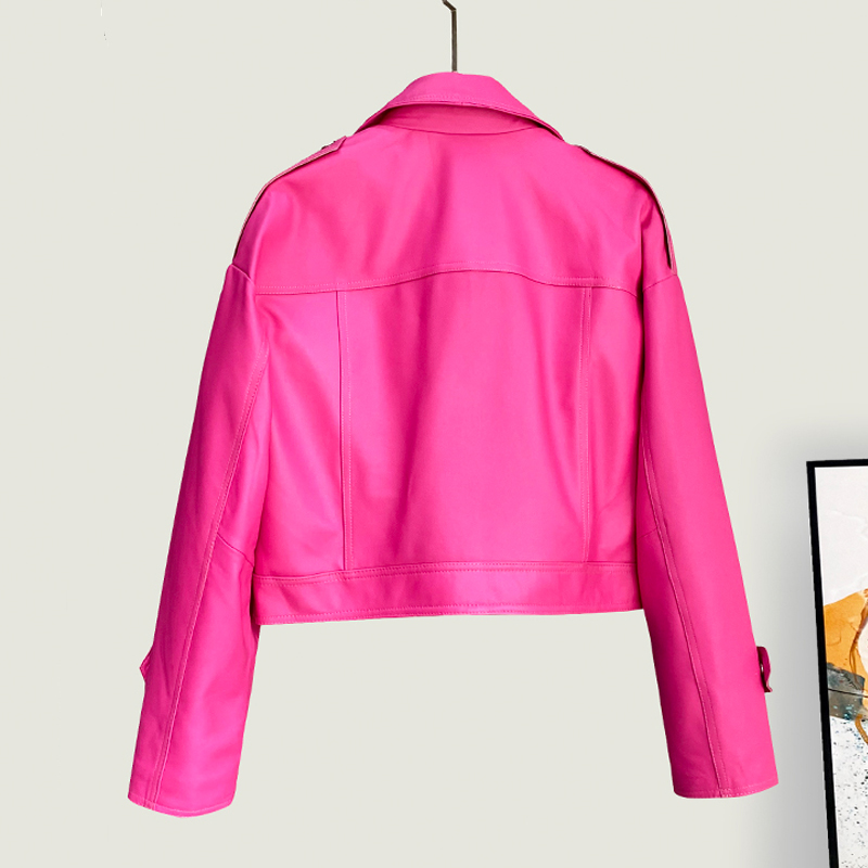 女性用シープスキンジャケット,襟を折りたたんだ長袖の本革ジャケット,ジッパー,ピンクのピンク,ファッショナブル,新しい,M-3XL, 2024
