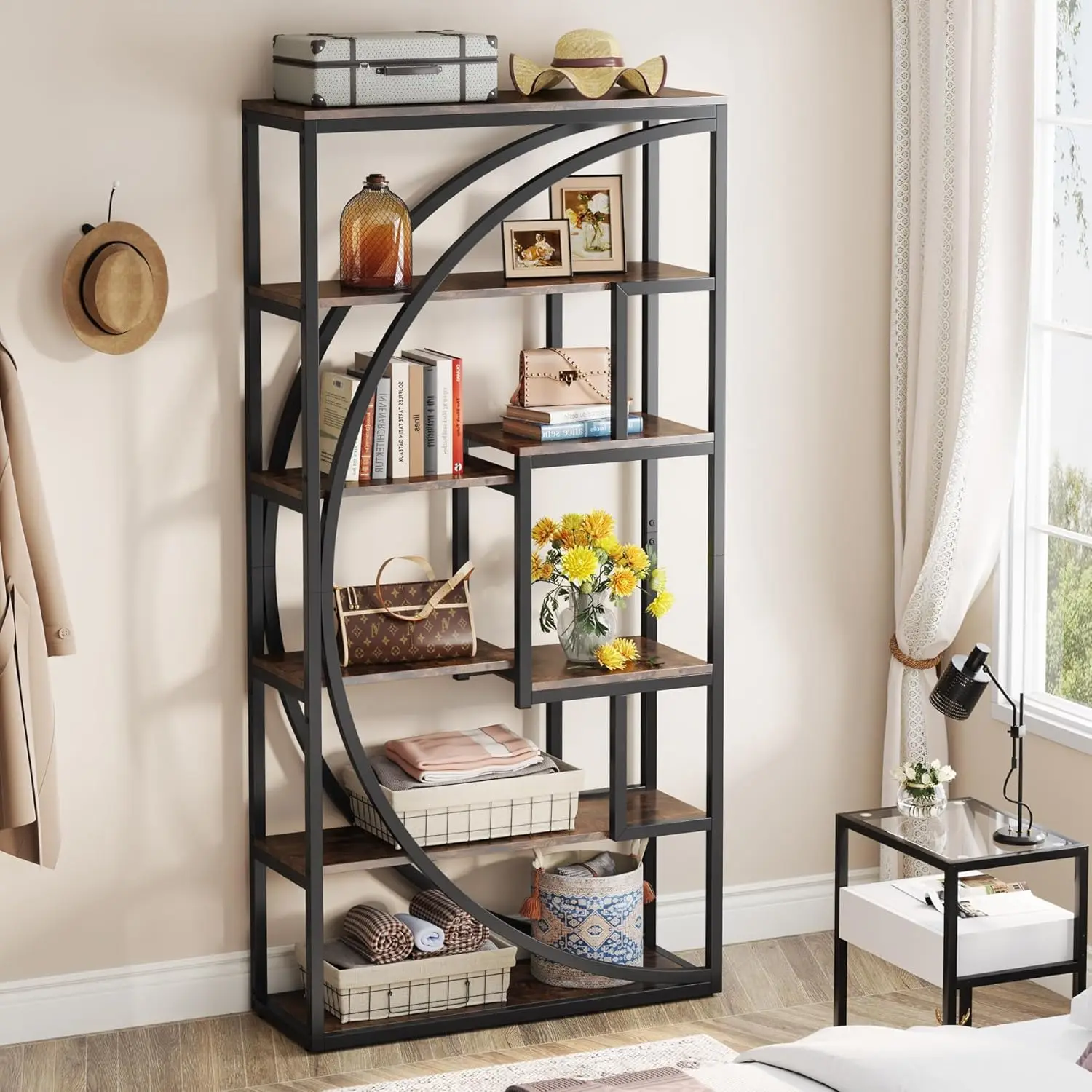Bookshelf, 5-Tier Etagere Bookcase, 70.8 inch Tall Bookshelf with 8 Open Storage Shelf for Home Office Living Room, Rustic Brown