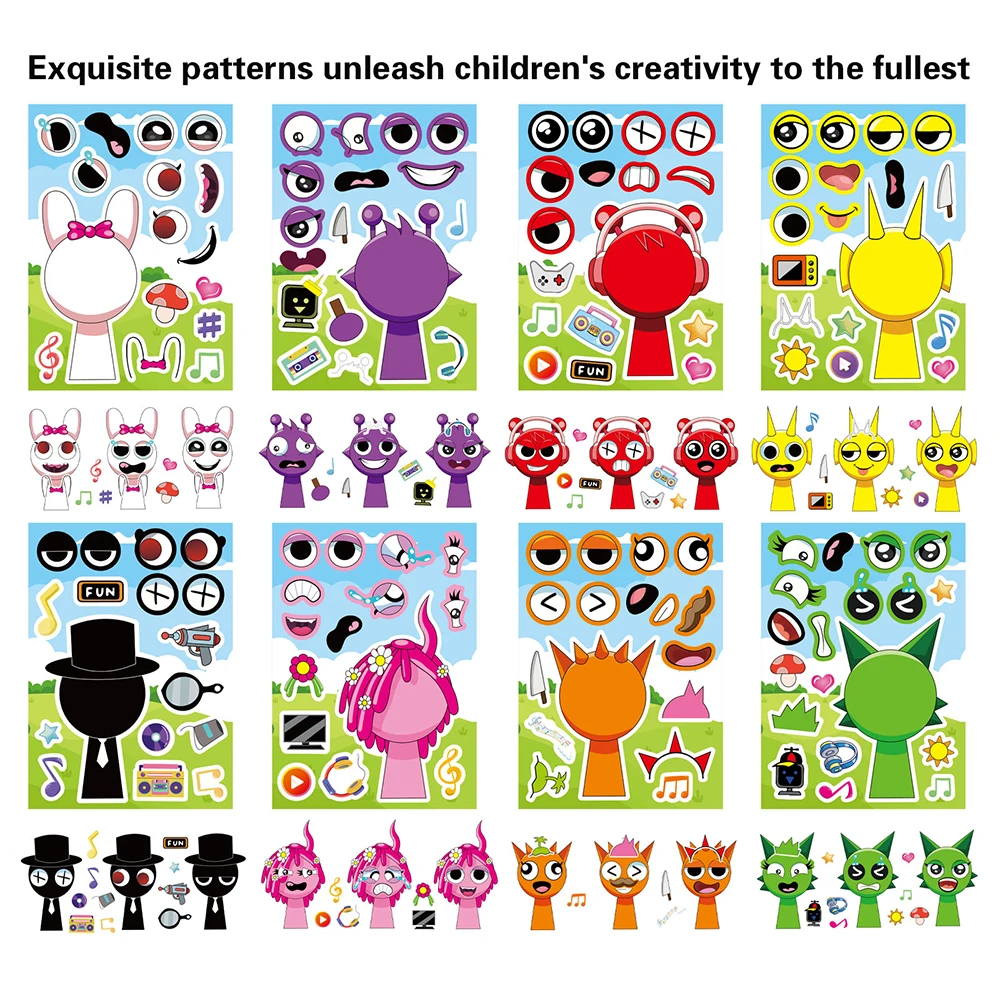 8/16 แผ่นอะนิเมะ Sprunki ตลกปริศนาสติกเกอร์ Make a Face Decals เกมของเล่นเด็กการ์ตูนประกอบจิ๊กซอว์เด็กของขวัญ