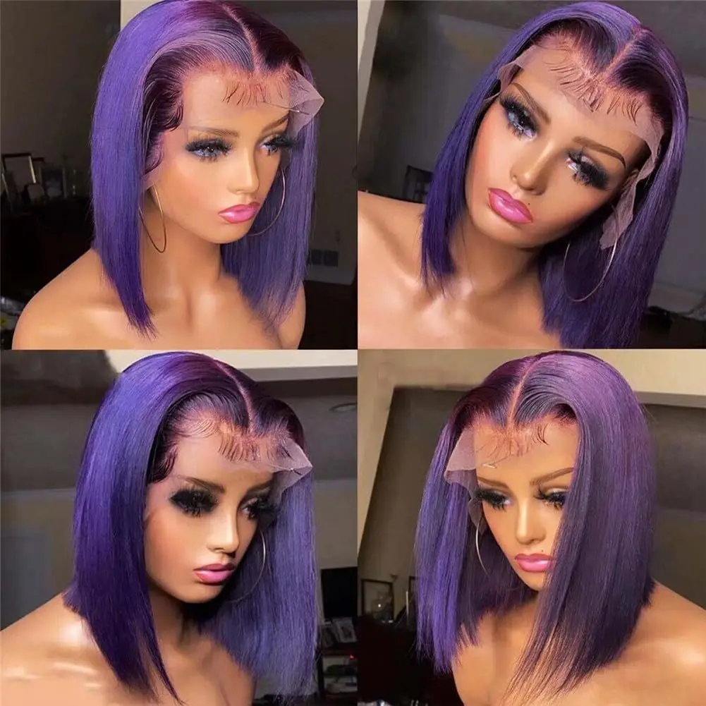 Roxo escuro bob perucas dianteiras do laço cabelo humano colorido 13x4 laço frontal curto em linha reta roxo bob peruca pré arrancado com cabelo do bebê