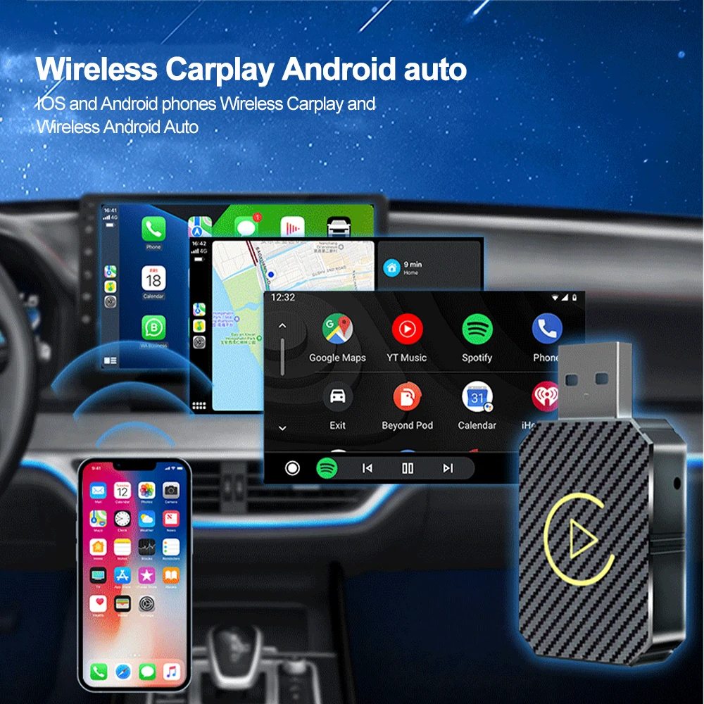 Adaptador carplay sem fio 2 em 1 e mini adaptador sem fio automático android, 5ghz wifi tipo-c/usb plug & play adaptador sem fio carplay