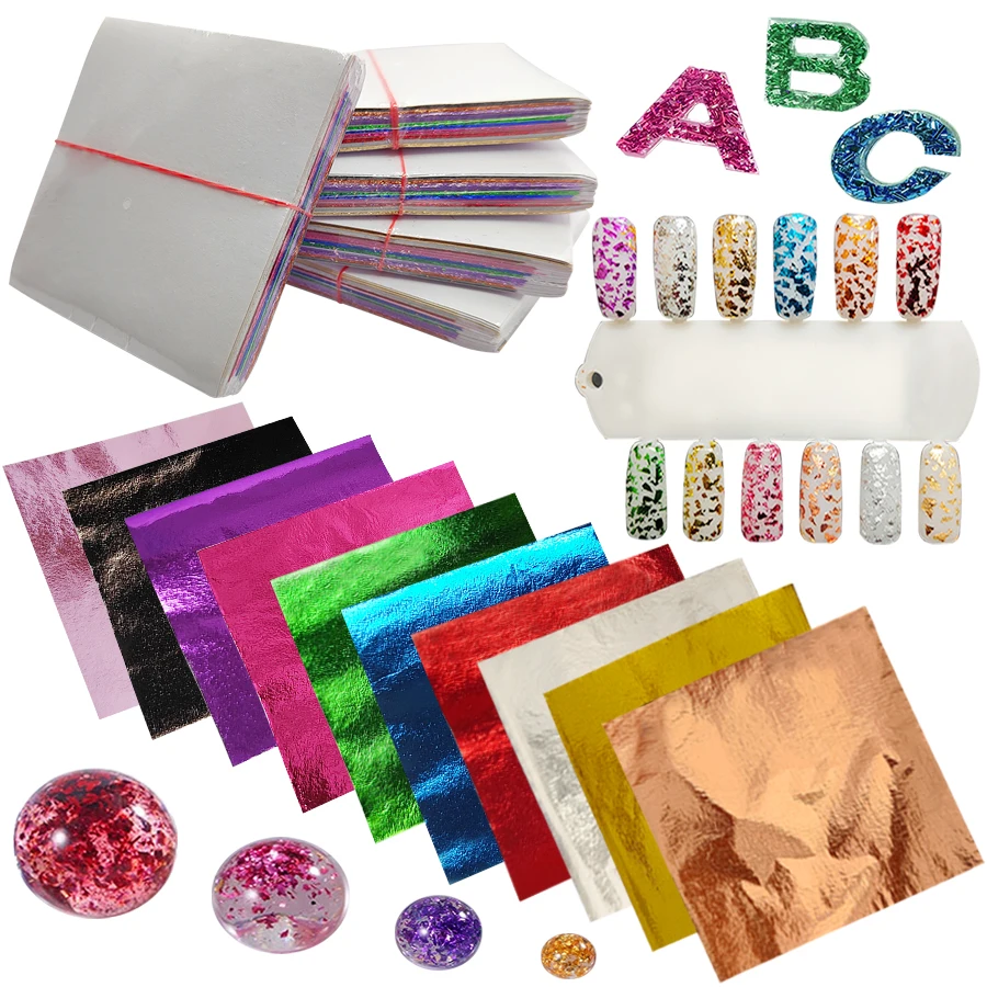 Fornecimento 100 folhas/saco conjunto de folhas coloridas de folha de ouro 10 cores 10 folhas/cores para decoração de arte de unha capa de telefone resina epóxi diy