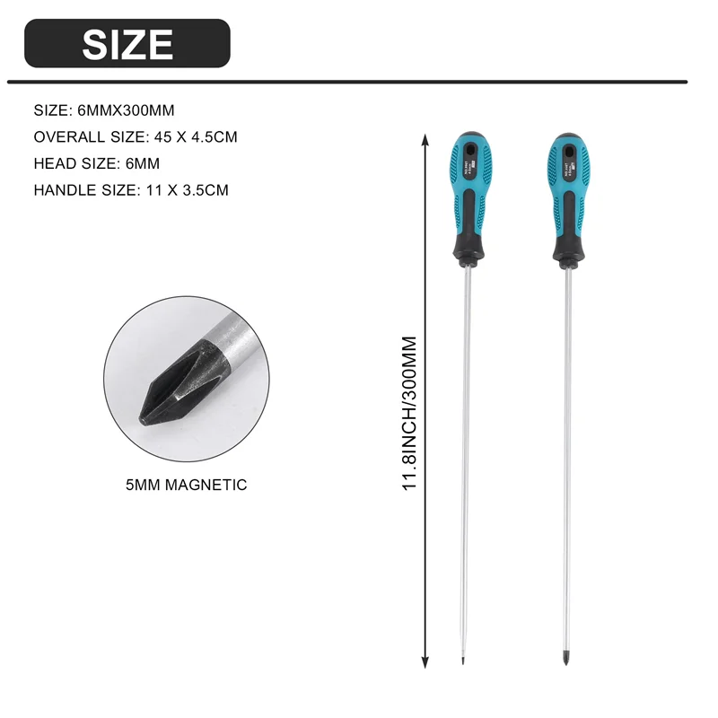 Flat Blade Screwdriver com borracha Handle, Long Slotted e Phillips Screwdriver, magnético, 12 in, 2 Packs