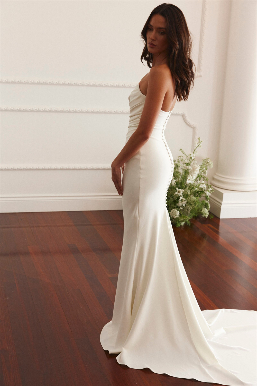 Kyoto bianco senza spalline sirena lungo strascico abito da sposa semplice pieghettato senza maniche abiti da sposa bottone posteriore personalizzato formale