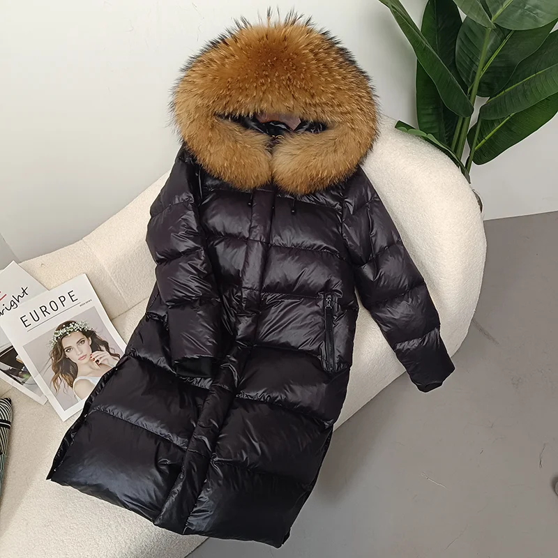 MENINA Bonita 2023 nova jaqueta de inverno feminina pele de raposa real gola de pele de guaxinim com capuz grosso quente pato para baixo longo outerwear destacável