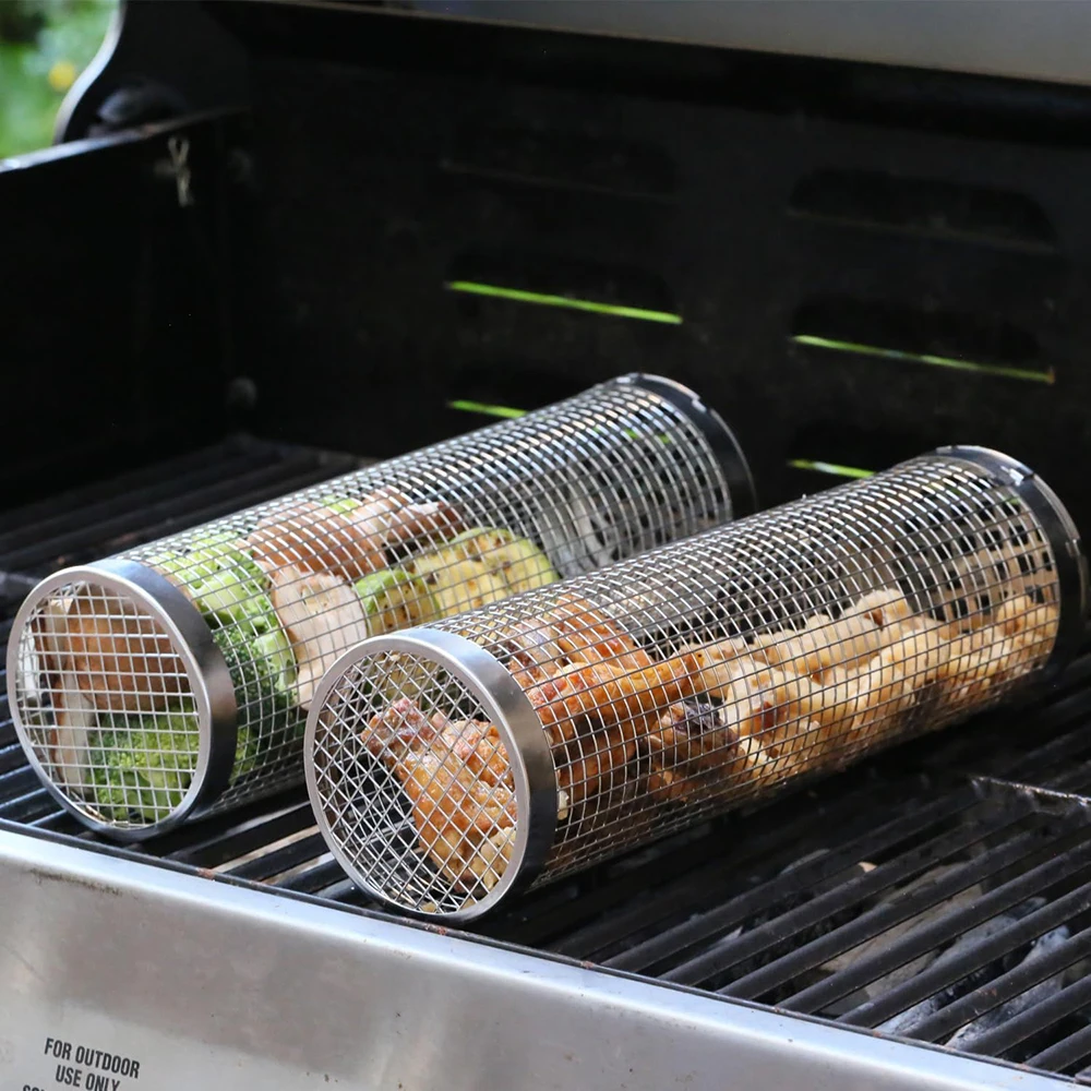 1 pz rack per tamburo per barbecue in acciaio inossidabile con manico mobile da campeggio per barbecue cilindrico Baskr adatto per verdure e campeggio sulla carne