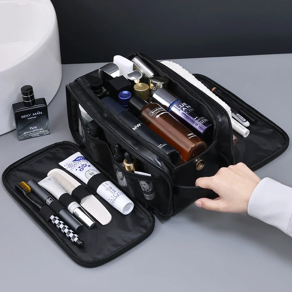 Neceser de viaje de PU con múltiples bolsillos para mujer y hombre, bolsa de maquillaje esencial, bolsa colgante impermeable, bolsa organizadora de lavado de cosméticos