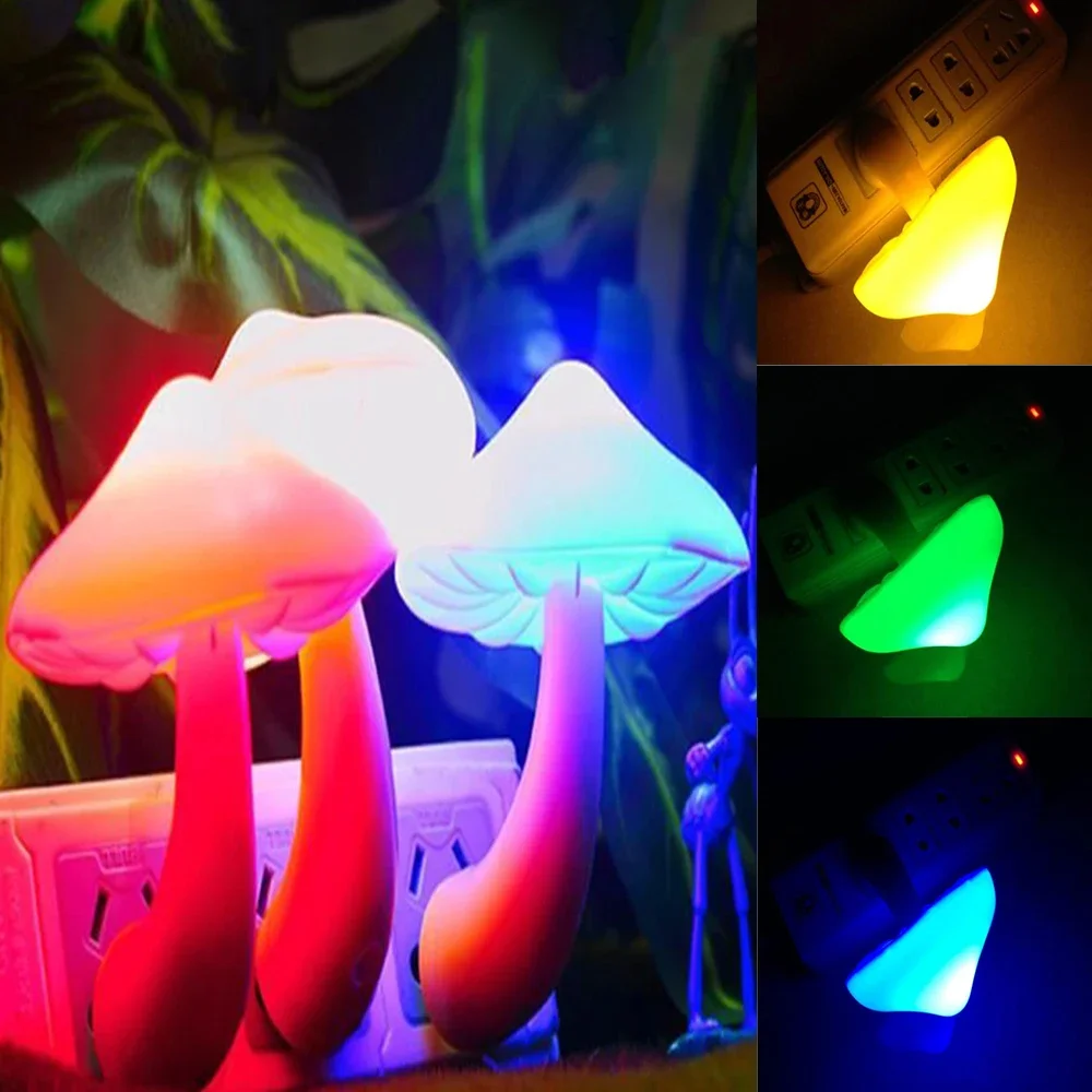 Lámpara de luz nocturna LED con enchufe europeo y estadounidense, enchufe de pared con forma de seta, luces con Sensor de control, luz de dormitorio, decoración del hogar, azul, verde, amarillo