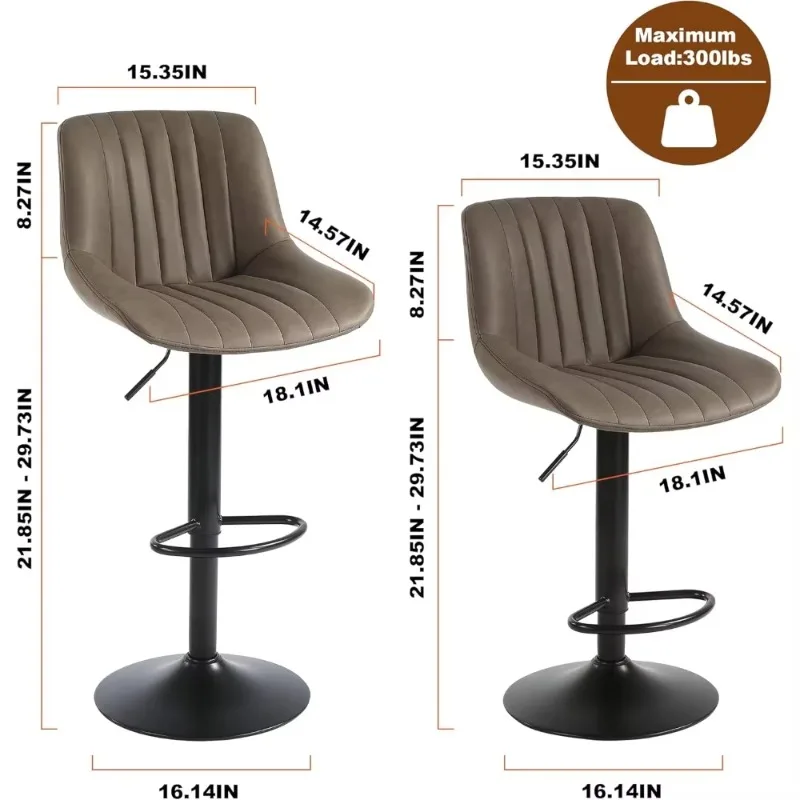 Bar Stools Set of 2, Swivel Counter Height Barstools with Back, Adjustable Faux PU Leather Bar Chairs,  Armless Kitchen Stool