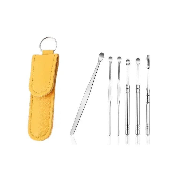 Um conjunto de 6 peças de colheres de ouvido de aço inoxidável com limpeza em espiral de 360 graus para manter as orelhas limpas e saudáveis conjunto de colheres de ouvido