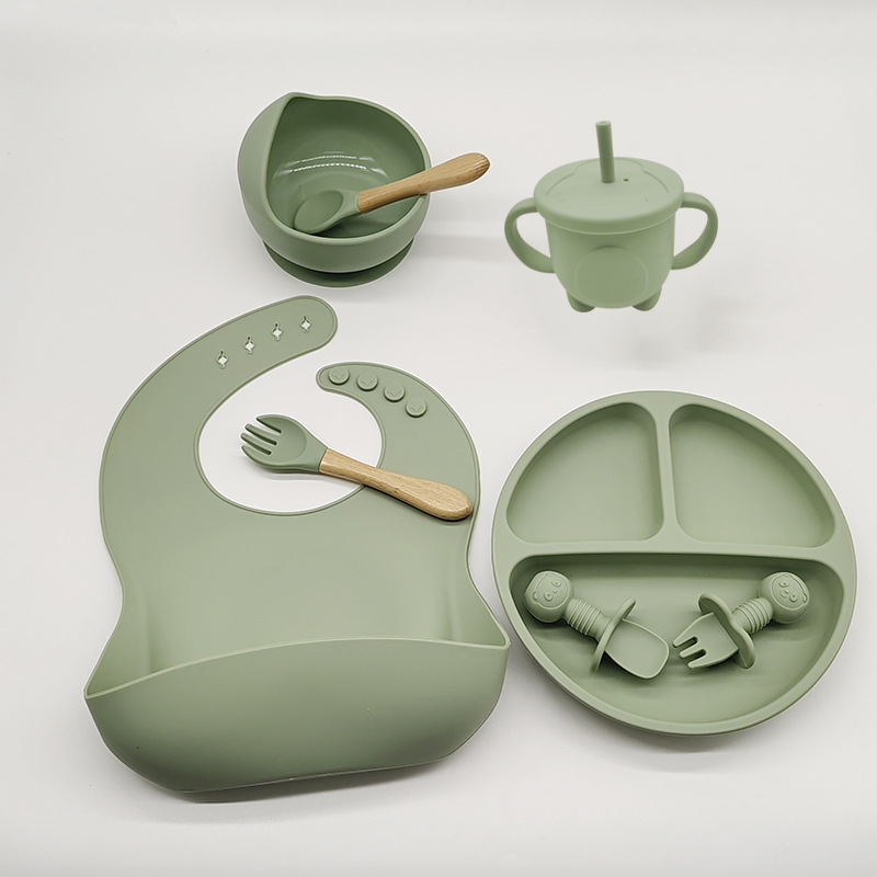Conjunto de utensílios de mesa para crianças, treinamento de alimentos complementares, utensílios de mesa de silicone, 8 peças, copos de sucção para bebês, suprimentos para bebês
