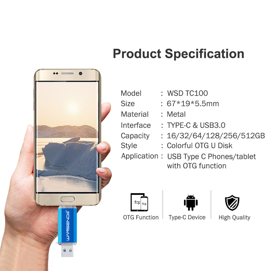 Hotsale WANSENDA OTG USB Flash Drive tipo C Pen Drive 512GB 256GB 128GB 64GB 32GB 16GB USB Stick 3,0 Pendrive para dispositivo tipo C