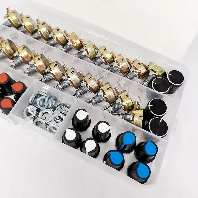 20 Sets/Box WH148 15 Đĩa Đơn Chiết Áp Bộ B5K/10K/20K/50K/100K Với Núm Bộ Trục Các Loại Hạt