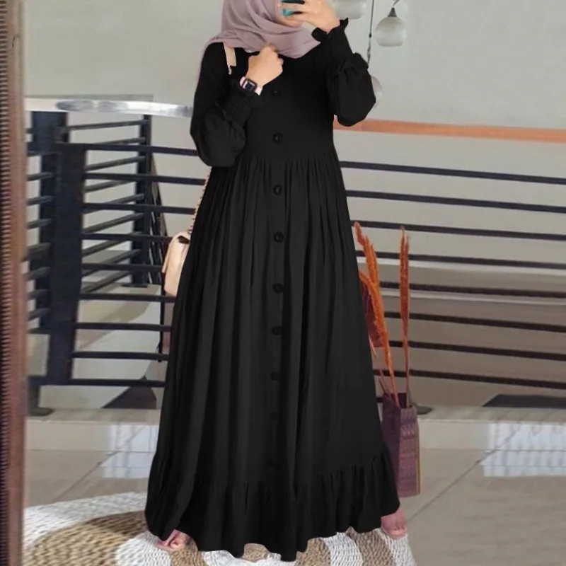 2024 新イスラムアバヤドレス綿と麻アートレトロカジュアルローブファム Muselmane ルーズラウンドネックフリル女性のドレス