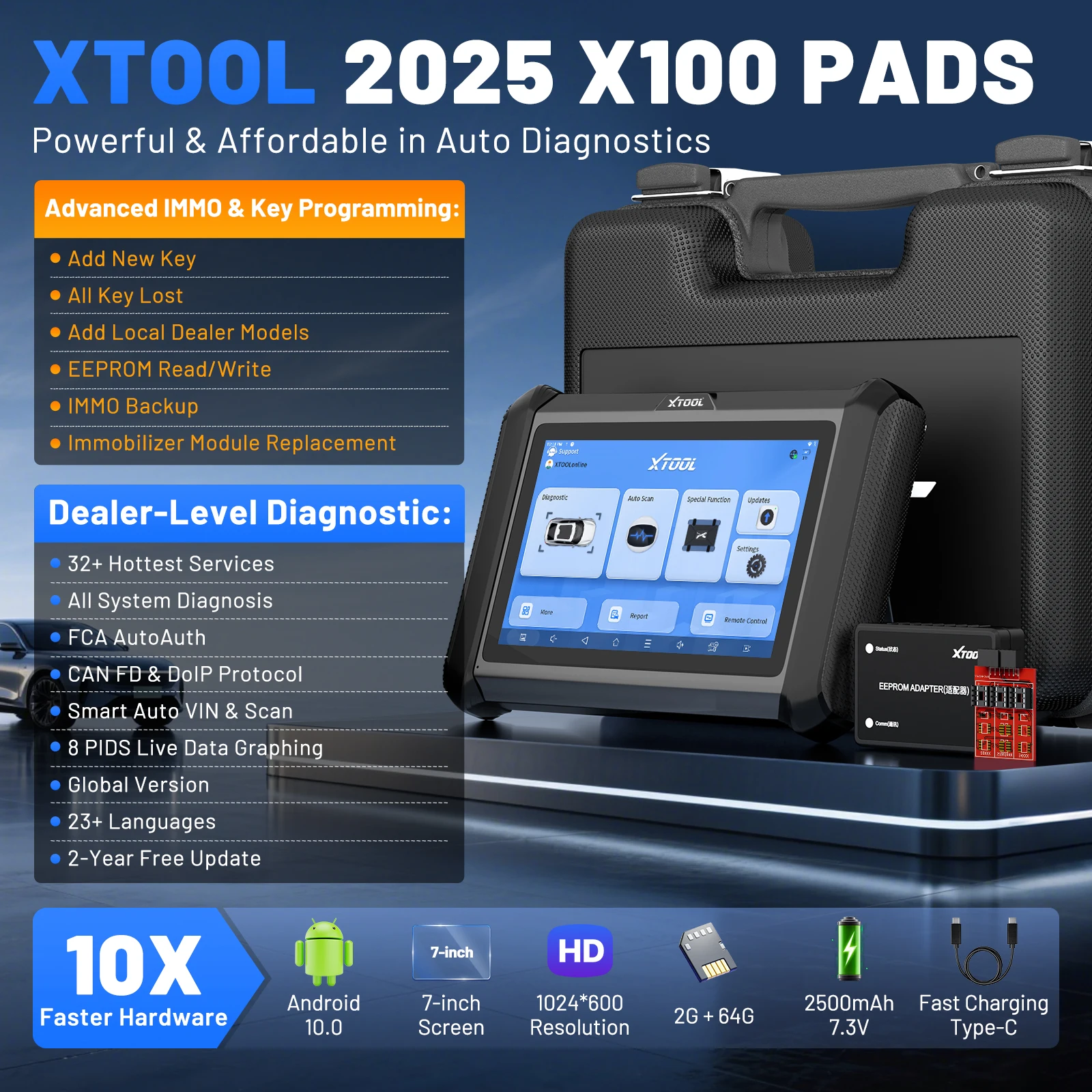XTOOL X100 PADS V2.0 Schlüsselprogrammierer Kfz-Scanner IMMO Lese-/Schreibchip All Key Lost OBD2-Diagnosetool mit CANFD DOIP
