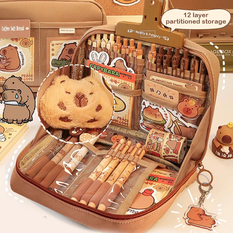 Bolsa de papelería multicapa Kawaii Capybara de gran capacidad, estuche de lápices bonito de dibujos animados, bolsa de cosméticos Simple, suministros escolares y de oficina