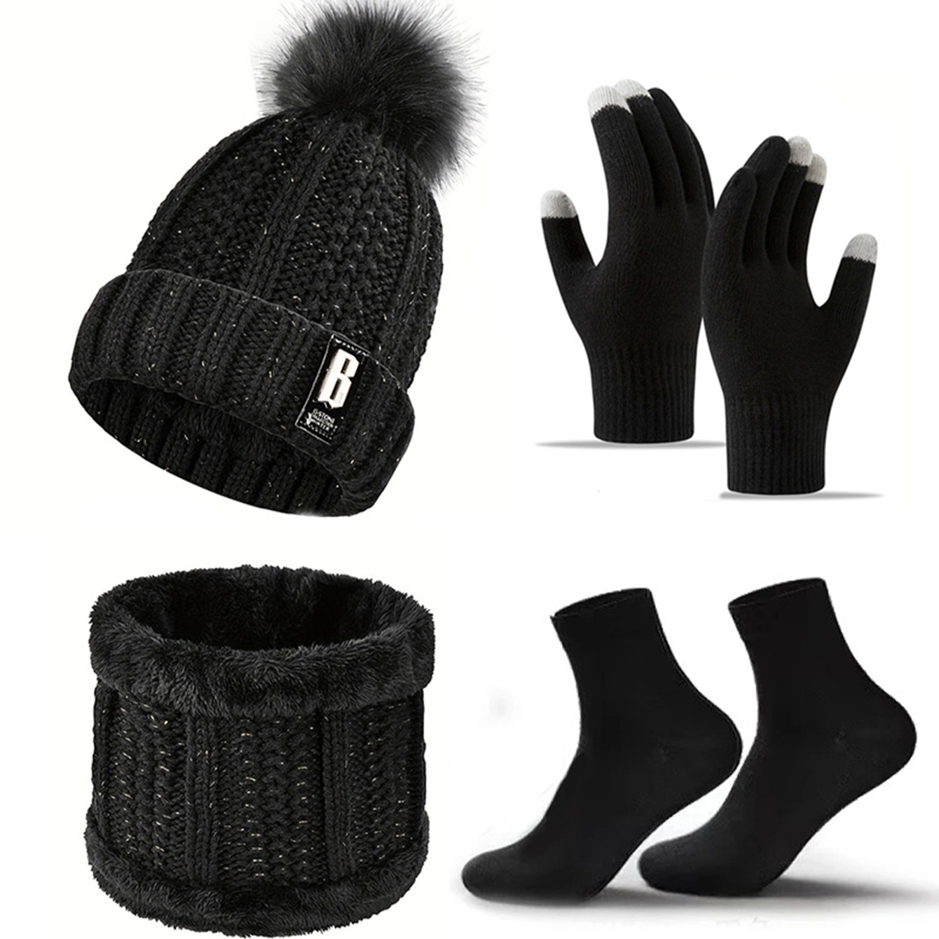 4pcs Winter Beanie Hat Gloves Scarf Caps Socks Thickened Fleece Lined Neck Cashmere Scarves Cap Set For Men Women
