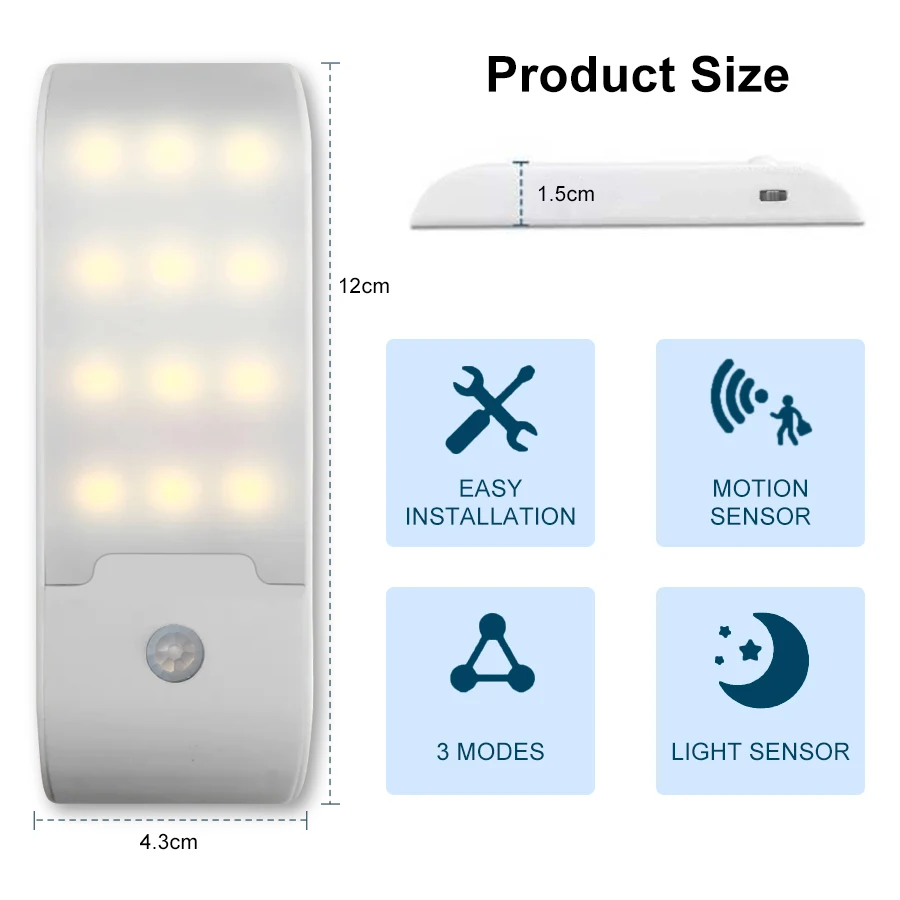 12LED Night Light Motion Sensor USB LED โคมไฟสําหรับทางเดินห้องน้ําตู้เสื้อผ้าห้องครัวภายใต้ตู้ความสว่างสูง